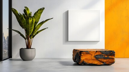 Poster - Stylish office interior featuring a crisp white wall suitable for product photography accompanied by a captivating potted plant and natural sunlight filtering through large windows