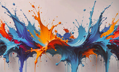 Poster - painting of a splash of paint with blue and orange colors. the blue is on the left and the orange is