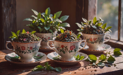 Aufkleber - Four white tea cups with flowers on them. One of the cups has a pink flower on it