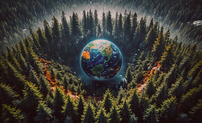 Poster - large globe is surrounded by trees. the globe is in the center of the image. the trees are green and