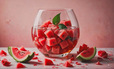 Aufkleber - Glass bowl filled with watermelon cubes and a leaf. There are also watermelon slices on the table