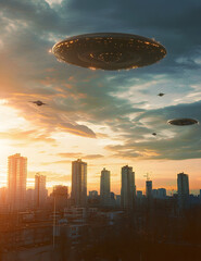 Canvas Print - UFOs Over City