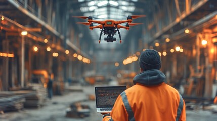Poster - Drone conducting a survey of a bridge site with operator in an industrial setting