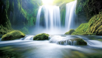Poster - Majestic Waterfall Surrounded by Lush Greenery and Smooth Flowing Water, Capturing the Serenity and Beauty of Nature’s Untamed Environment