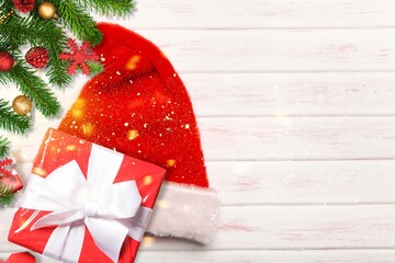 Wall Mural - christmas present gift box on desk with tree