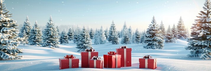 Wall Mural - Red gifts on snow with chrismtas tree in background lone banner