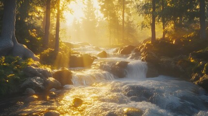 Poster - Serene Morning Light Streaming Through Trees Over Gentle Stream, Creating a Dreamlike Atmosphere in a Peaceful Forest Landscape
