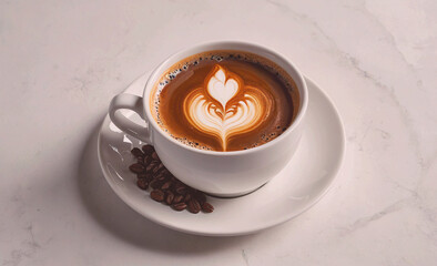 Aufkleber - White coffee cup with a heart design on it. The coffee is brown and has some coffee grounds on the side
