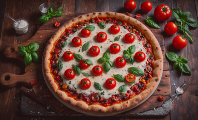 Poster - Pizza with lots of tomatoes and basil on top. The pizza is sitting on a wooden board