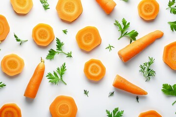 Wall Mural - Vibrant carrot slices and fresh green leaves artfully floating on a crisp white background