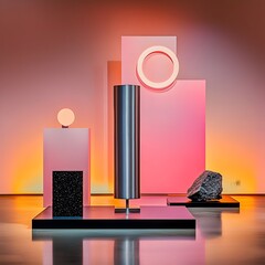 Poster - Minimalist metallic roll up stand with abstract geometric shapes high intensity directional lighting and moody chiaroscuro effect in a contemporary art installation and sterile exhibition space