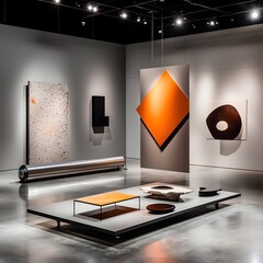 Poster - Minimalist photography set with an empty metallic roll up stand abstract geometric shapes high intensity directional lighting moody chiaroscuro effect