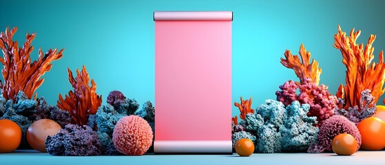 Poster - Captivating minimalist roll up advertisement positioned in a meticulously arranged studio space featuring dramatic high contrast illumination and a baroque inspired 3D CGI rendered indoor background