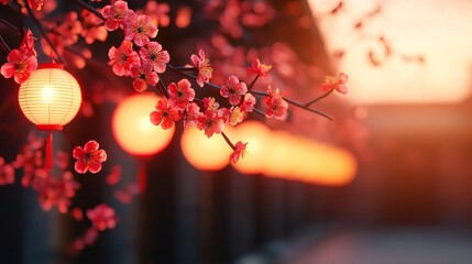 Wall Mural - Blooming Plum Blossoms Lanterns Asian Spring Festive Scene