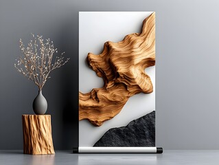 Poster - Minimalist roll up banner prototype featuring a dynamic composition tactile materials and natural studio illumination for a contemporary clean