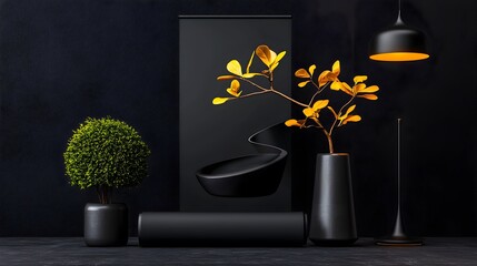 Poster - Minimalistic Roll up Banner Template with Clean Geometric Shapes Modern Industrial Studio Backdrop and Dramatic Directional Lighting  3D Rendered Graphic Design Artwork