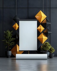 Poster - Minimalist studio scene featuring a blank roll up banner with dramatic lighting that illuminates sleek and refined angular shapes of modern 3D artwork