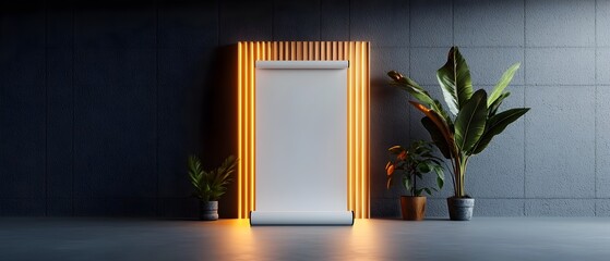 Poster - Minimalist and modern roll up display set against a clean architectural studio backdrop with simple geometric forms and gentle illumination  This 3D rendered scene creates a professional