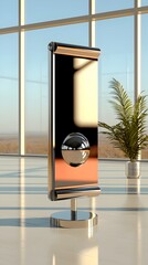 Poster - Sleek and Elegant Minimalist Roll Up Banner in Pristine Studio Setup for Branding and Marketing Presentation  3D Visualization with Smooth Metallic Elements Influenced by Architecture Style