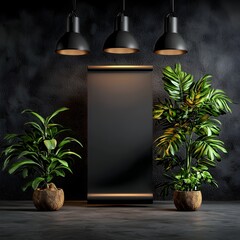 Poster - Minimalist and Sophisticated Studio Backdrop Setup with an Empty Roll up Banner Soft Lighting and Cinematic Shadows   Ideal for Product Displays Presentations or Graphic Design