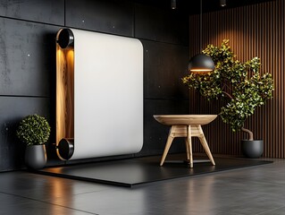 Poster - Minimalist White Roll Up Display in a Sleek Contemporary Studio Environment Dramatically Illuminated to Create a Bold High Contrast Visual Effect with Exceptional 3D Rendering and Clarity