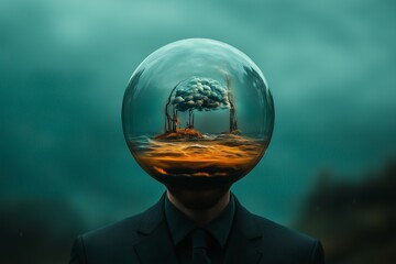 Wall Mural - Surreal Landscape within Transparent Sphere Replacing Human Head