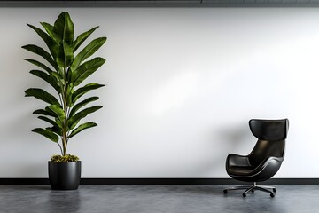 Poster - Refined office atmosphere with crisp white wall backdrop optimal for visual content creation  Decorative potted plant flourish and streamlined modern style vivid high definition rendering
