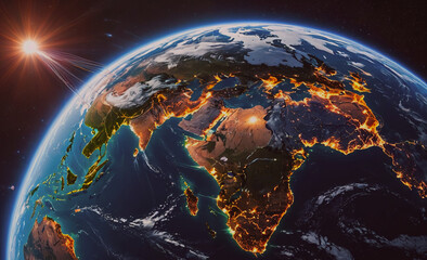 Poster - the earth is lit up with a bright orange sun. the sun is in the sky and is shining on the earth
