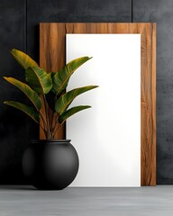 Poster - Elegant contemporary office environment with a clean white wall backdrop vibrant potted plant and evenly distributed studio lighting creating an ideal setting for digital mockups product displays