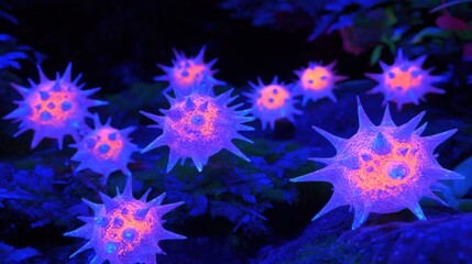 Poster - Glowing Microscopic Objects in a Vibrant Underwater Environment with Bright Colors and Unique Shape Structures, Representing Bacteria and Microorganisms