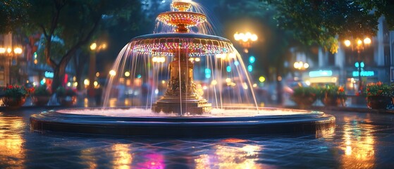 Poster - Beautiful evening view of a decorative fountain illuminated with colorful lights, surrounded by lush greenery and soft reflections on wet pavement in an urban setting
