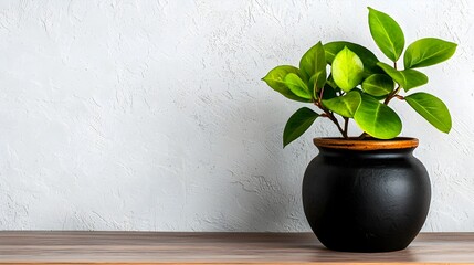Poster - Bright and airy modern office workspace with minimalist decor a vibrant potted plant placed on a wooden desk and a clean white wall backdrop creating a contemporary stylish