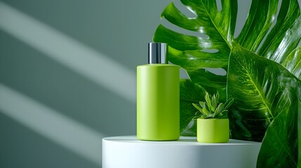 Poster - Sleek modern office environment with a stark white backdrop lush greenery accent and a minimal product display  Contemporary design with a Scandinavian aesthetic in a bright airy studio space