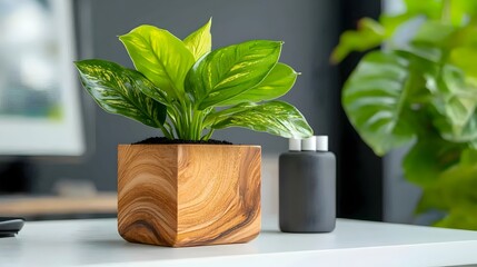 Poster - Minimalist and modern office environment with a stark white backdrop featuring lush greenery accents and a product display  This Scandinavian inspired studio space exudes a bright