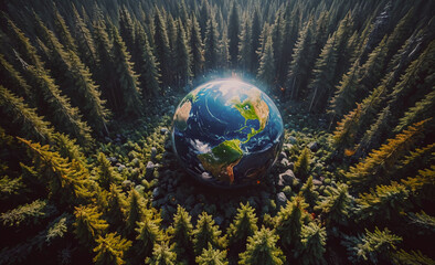Poster - Globe is in the middle of a forest. The globe is surrounded by trees and rocks. The globe is green and blue