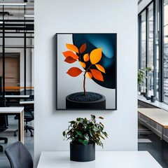 Poster - Refined and elegant office environment featuring pristine white walls a sophisticated digital artwork showcase and a flourishing house plant centerpiece