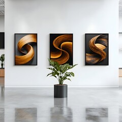 Poster - Refined and sophisticated office setting featuring pristine white walls an elegant digital artwork showcase and a flourishing house plant centerpiece