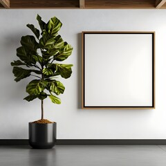 Poster - Polished and Minimalist Office Environment with Flawless White Wall Flourishing Potted Plant and Refined Scandinavian Design Aesthetic for Versatile Product Shots and Marketing Displays