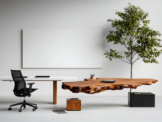 Poster - Tranquil and Soothing Scandinavian Inspired Digital Office Space with Natural Accents A Serene and Uncluttered Workspace Filled with Natural Light and Verdant Plant Accents