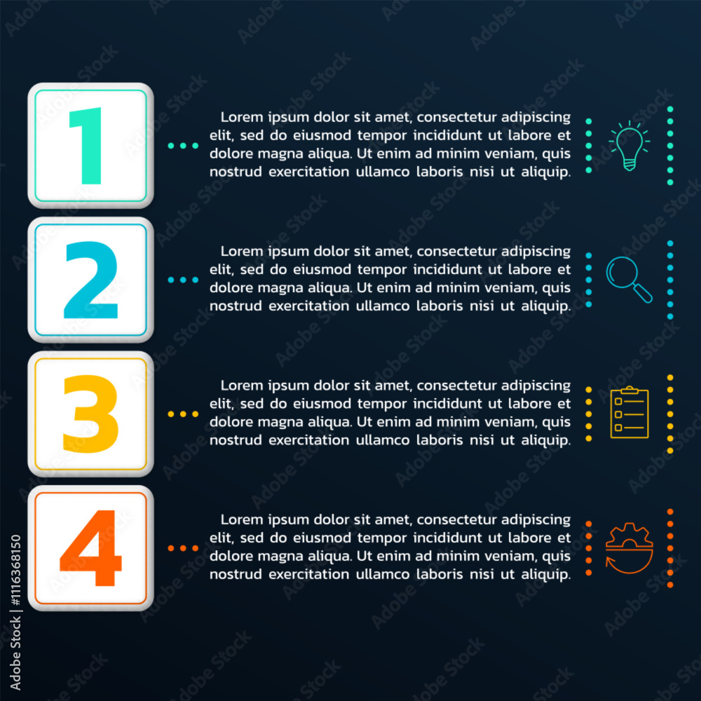 4 step info graphic template. List diagram, chart with three numbers ...