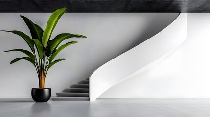 Poster - Refined and Minimalist Office Interior Featuring Elegant Potted Plant Clean Lines and Sleek Modern Design with Natural Lighting and High Key Photography for a Contemporary Aesthetic