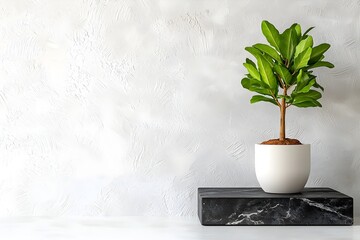 Poster - Refined office atmosphere featuring a crisp white wall backdrop optimal for visual content creation  A decorative potted plant flourishes