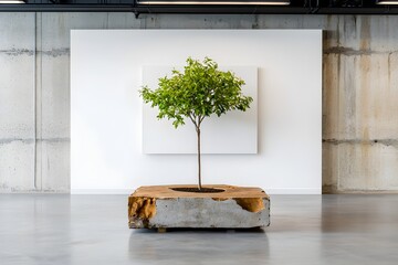Poster - Elegant Scandinavian inspired office interior featuring a blank white wall canvas a lush verdant plant centerpiece and bright natural lighting creating a sleek professional and modern atmosphere