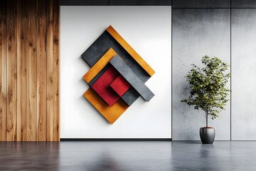 Poster - Elegant and Minimalist Office Interior Featuring a Plain White Wall that Serves as a Gallery like Display for a Captivating Digital Artwork or Geometric Mural