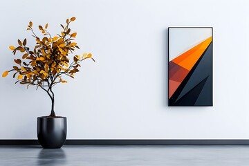 Poster - Sophisticated office interior with a plain white wall serving as a gallery like setting to display a captivating digital artwork or geometric mural
