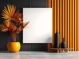 Poster - Serene and Stylish Contemporary Office Interior with Blank White Wall Vibrant Potted Plant and Natural Lighting   Perfect Backdrop for Product Photography