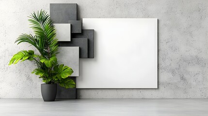 Poster - Sleek modern office setting with pristine white wall backdrop ideal for showcasing products in a minimalist clean and sophisticated environment