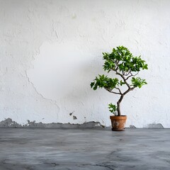 Poster - Minimalist office space with a blank white wall highlighting a simple uncluttered layout and a small thriving potted plant rendered in a muted