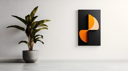 Poster - Airy and contemporary minimalist office setting with crisp white walls sleek digital art display lush potted plant in natural light and clean architectural design elements