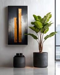 Poster - Chic and tranquil modern office environment featuring a sleek white wall canvas an artfully placed potted plant adding a touch of organic vitality clean lines and balanced symmetry